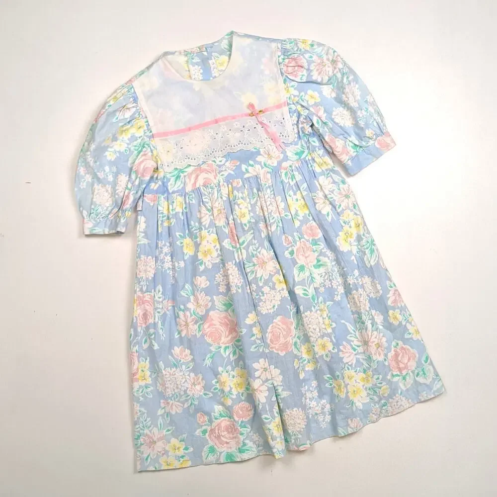 Vintage Dress Girls Sz 6x Pastel Floral Party 80s Cottagecore Bib Collar